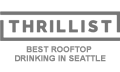 The image features the logo "THRILLIST" with the subtitle "Best Rooftop Drinking in Seattle." The text is in a grayscale format. logo on footer section.