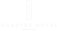 This image is a logo for the Charter Hotel Seattle, featuring a stylized "CH" design above the hotel's name.