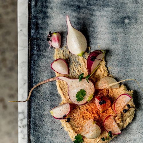 A plate features a delicately arranged dish with thin slices of radishes, a dollop of creamy spread, greens, and some herbs on a textured backdrop.