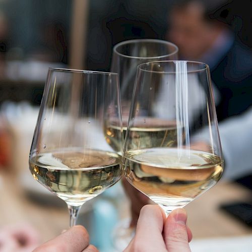 Three people are seen clinking glasses of white wine in a celebratory manner in a social setting.