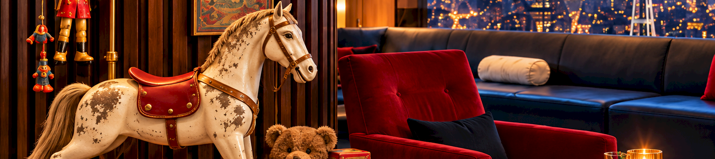 Vintage rocking horse, toy blocks and teddy bears beside a red velvet chair with the Seattle skyline and Space Needle at dusk