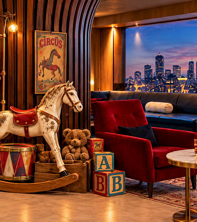 Vintage rocking horse, toy blocks and teddy bears beside a red velvet chair with the Seattle skyline and Space Needle at dusk