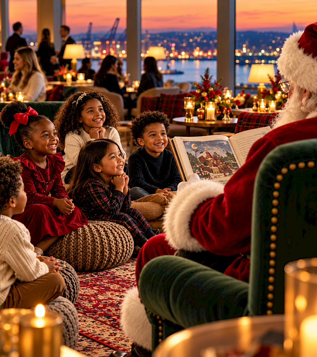 Santa reading a holiday storybook to smiling children on floor cushions with a candlelit Seattle waterfront view at sunset