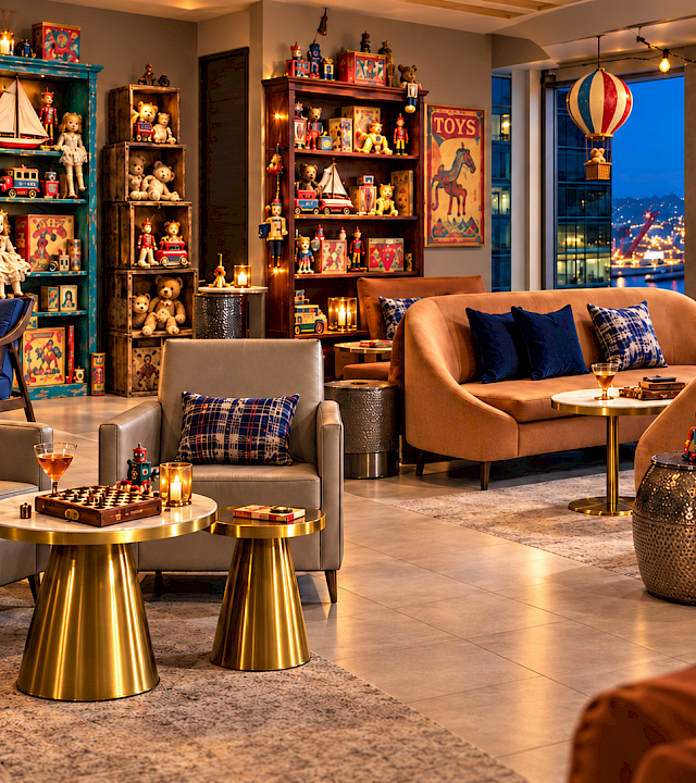 The Toy Room at Fog Room with vintage toy shelves, hot air balloon teddy bears and a waterfront night view