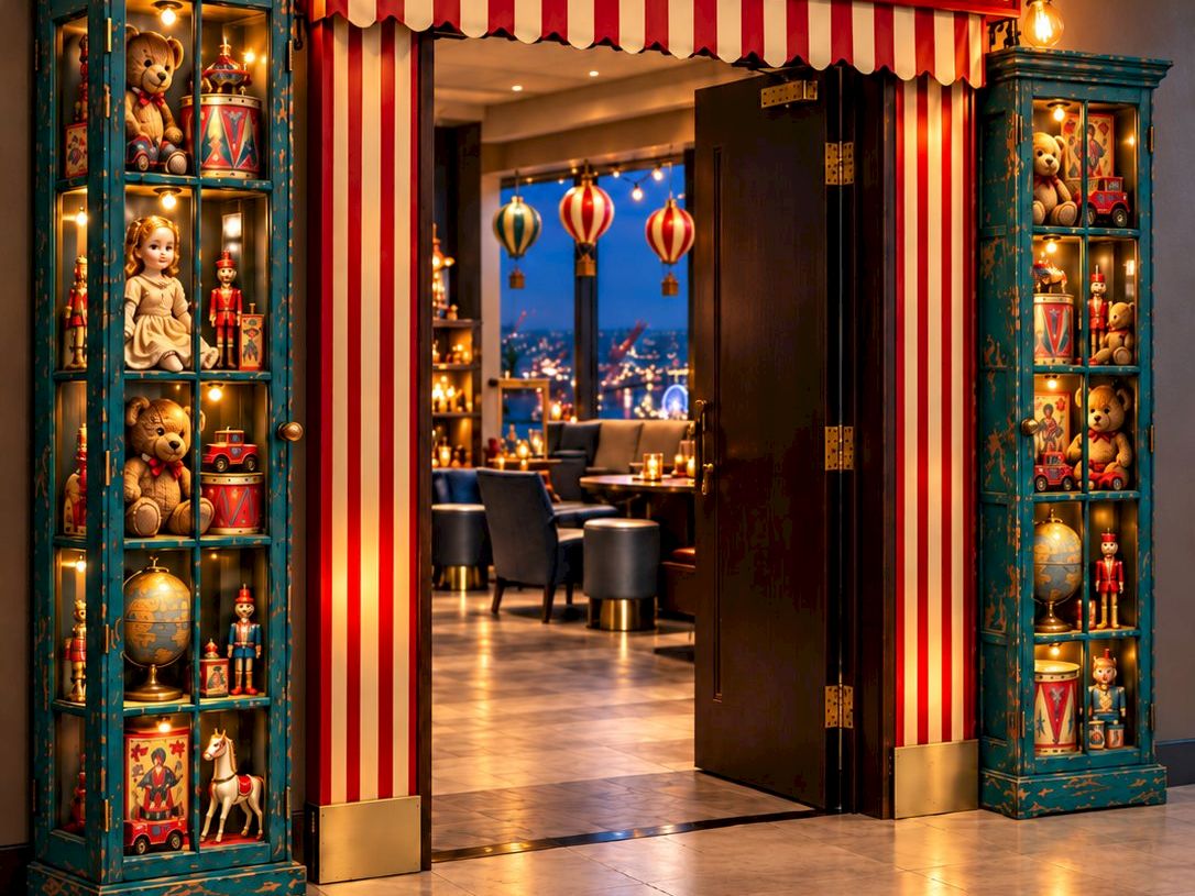 An indoor toy room entrance with a red &ldquo;THE TOY ROOM&rdquo; sign, glowing string lights, and red-and-white striped curtains, flanked by doll-filled display cases.