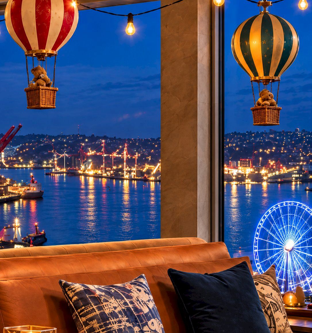 A cozy living room overlooks a night harbor, with glowing hanging bulbs, balloon-themed lanterns, and a blue-lit Ferris wheel.