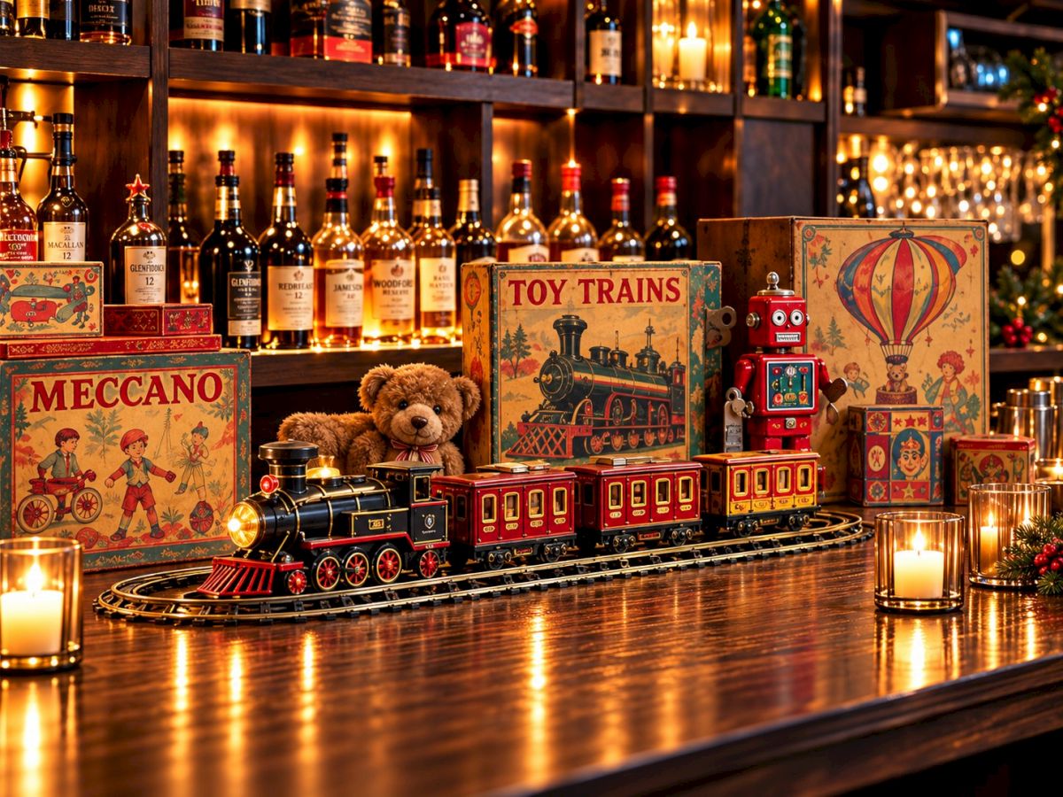 A festive bar shelf scene with lit candles, a toy train set in front of collectible tins, plus bottles, and a teddy bear.