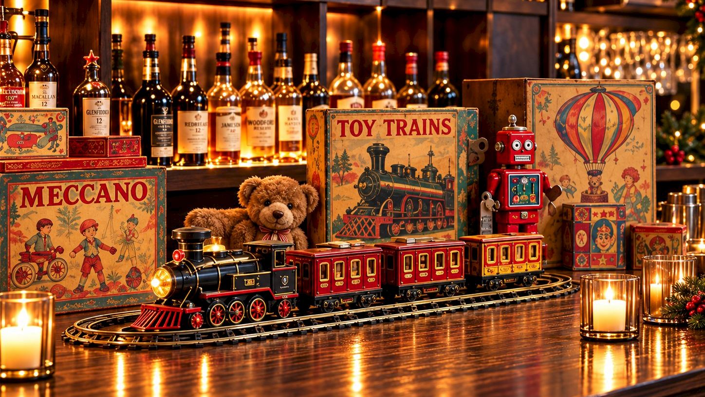 A warm bar display with a toy train set, teddy bear, vintage boxes, and liquor bottles glowing under festive lights.