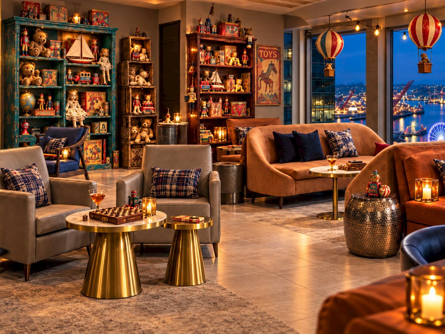 A cozy toy-themed lounge with plush sofas, brass side tables, warm candles, and hot-air-balloon decor overlooking a night harbor.