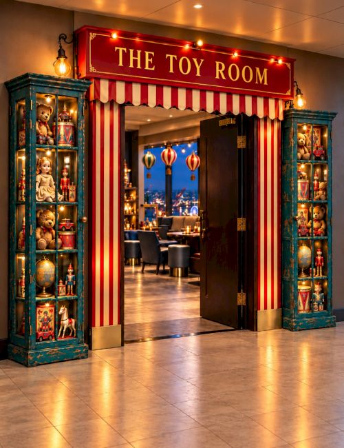 Decorated entrance to a &ldquo;THE TOY ROOM&rdquo; with colorful shelves of dolls, teddy bears, nutcrackers, and glowing festive lights.