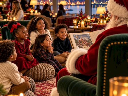 A cozy Christmas gathering: kids in red velvet, Santa nearby, and a book read by candlelight with a sunset city view behind them.
