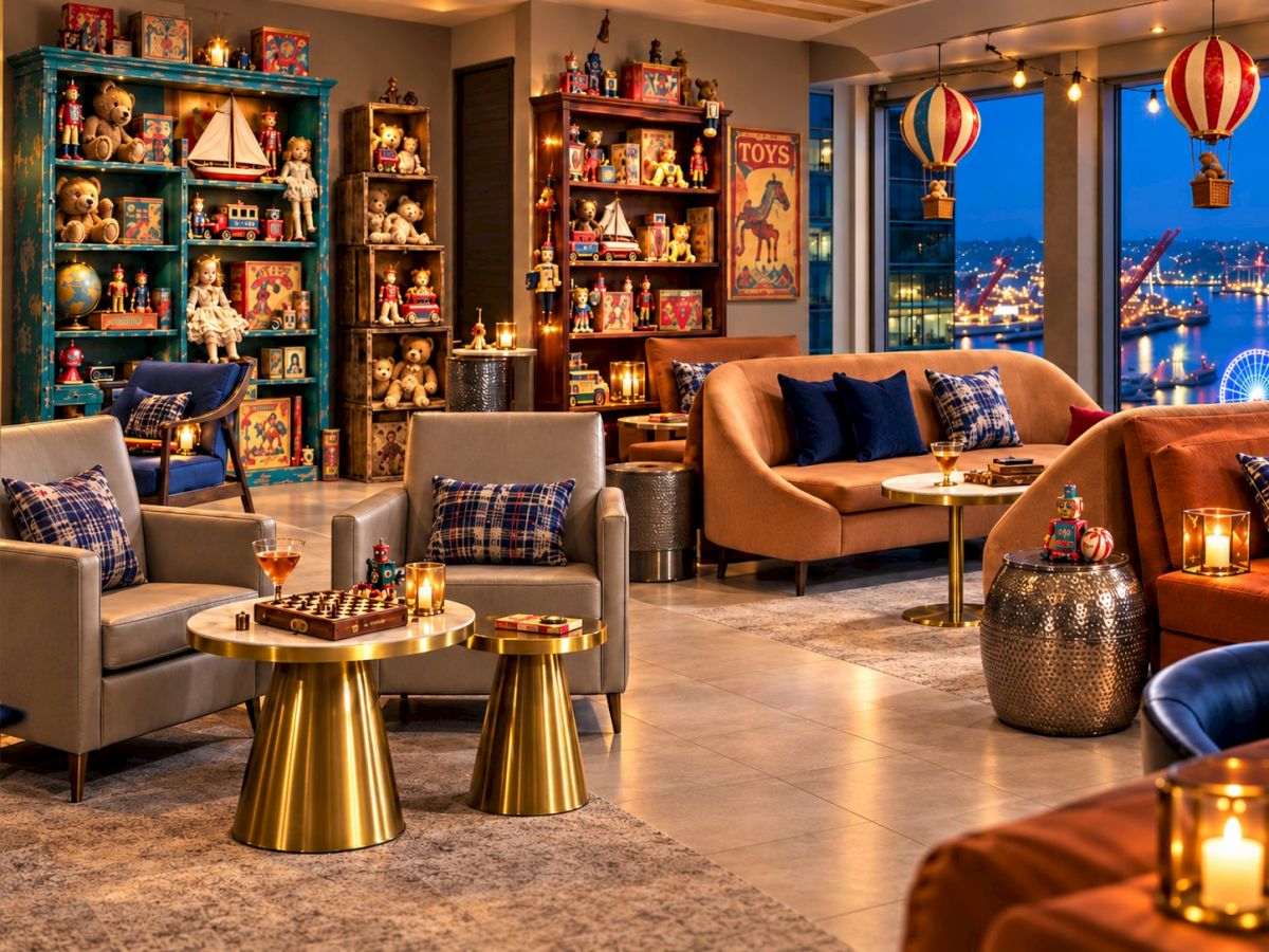 Cozy toy-themed lounge with sofas, warm lights, and colorful nutcrackers and balloon decor by a night skyline window.